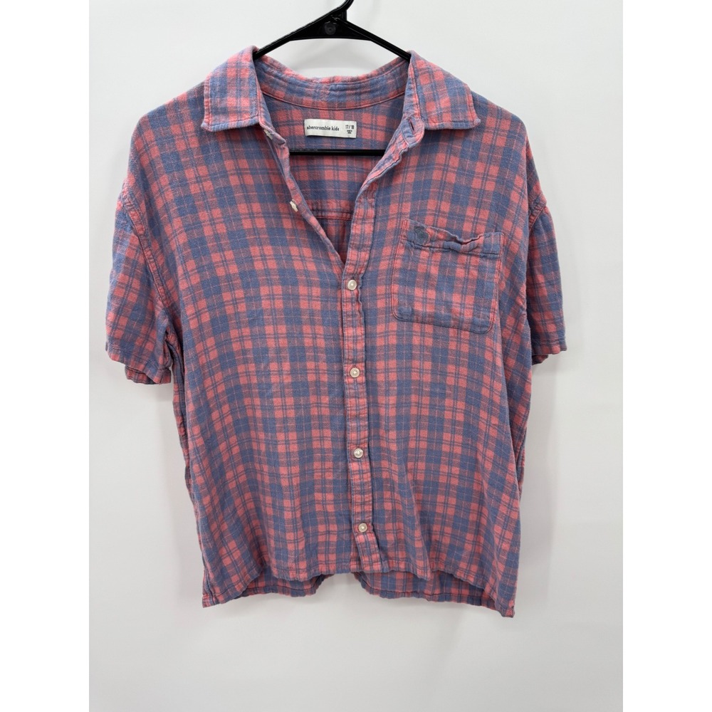 Abercrombie Kids Plaid Short Sleeve Linen Blend Button Up Shirt Pink Blue 17/18